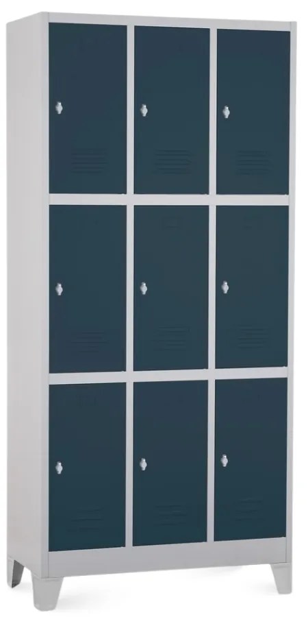 Fém szekrény - 9 doboz, 90 x 45 x 195 cm, fix lábakkal, lakathoz zár, antracit - ral 7016