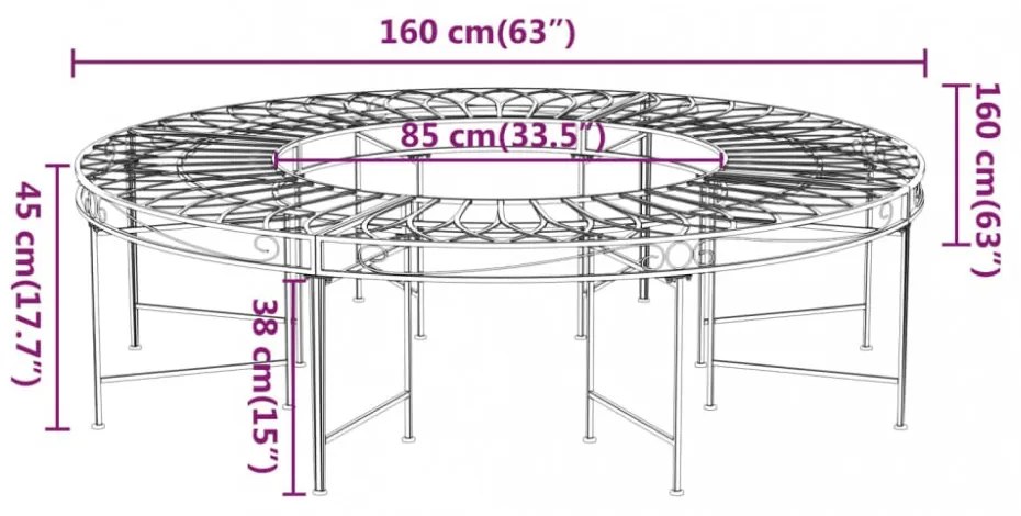 fekete acél kör alakú fa körüli pad Ø160 cm