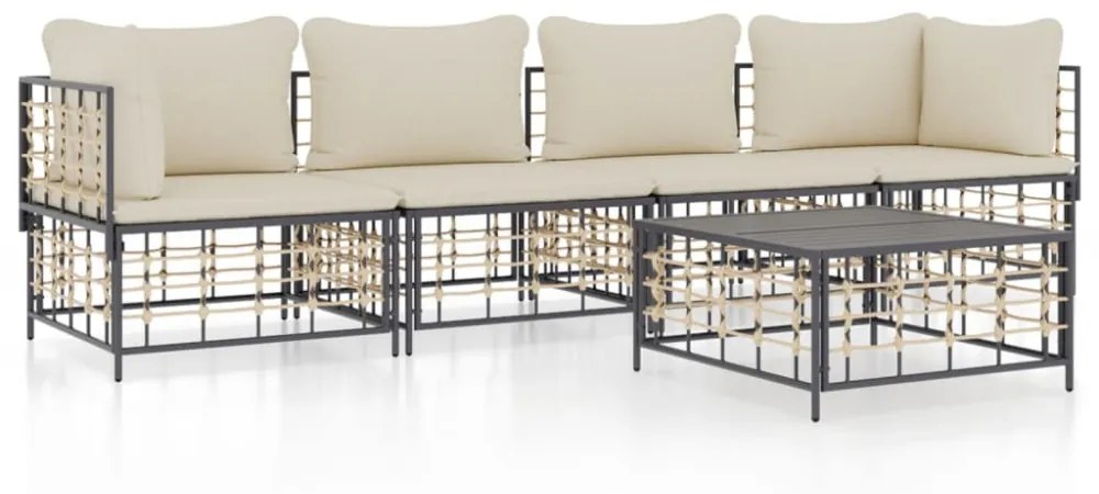 5 részes antracitszürke polyrattan kerti ülőgarnitúra párnákkal