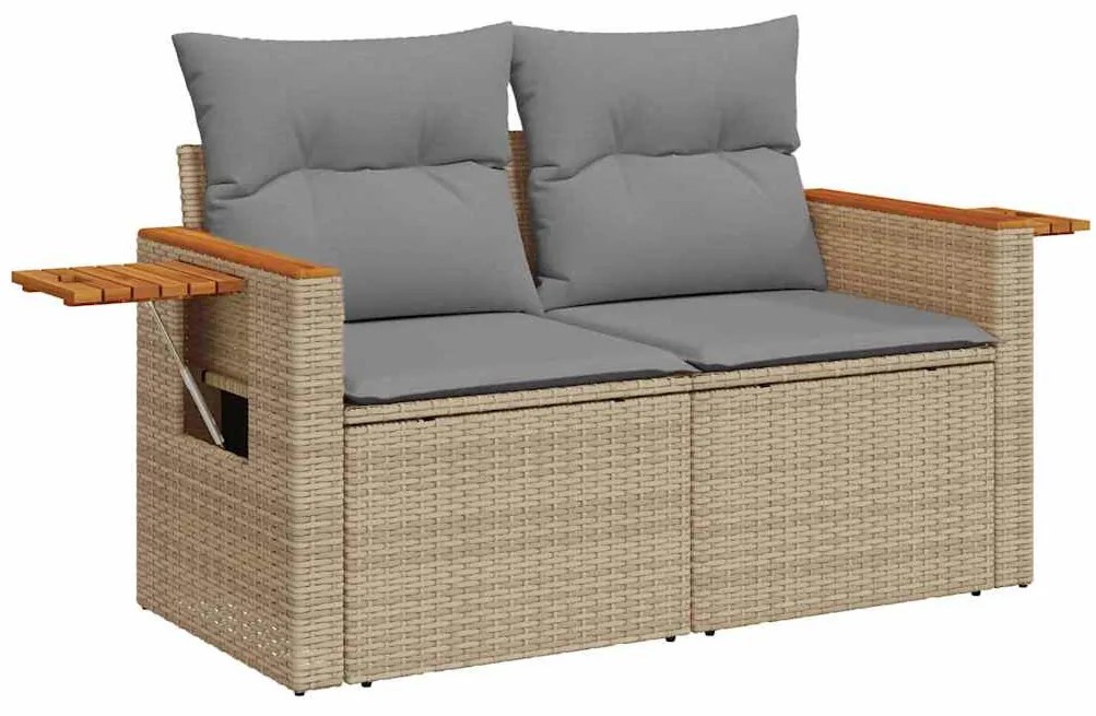 8 részes bézs polyrattan akácfa kerti ülőgarnitúra párnával