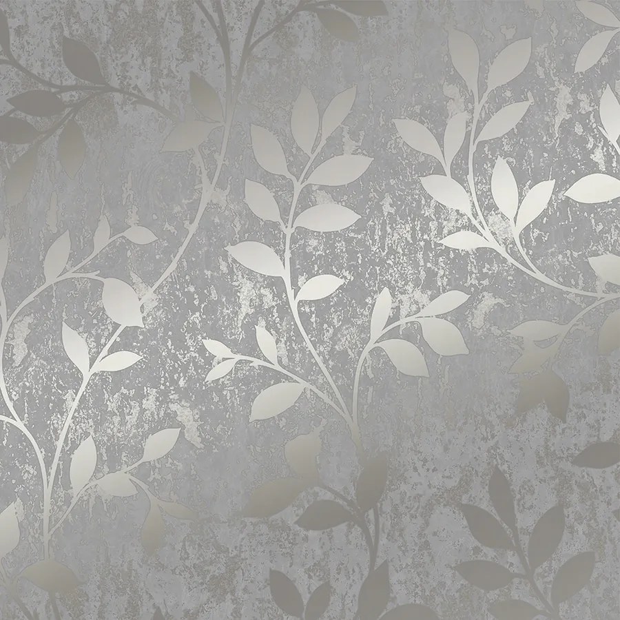 Szürke, Fényes Levelekkel Dombornyomott Vinil Tapéta