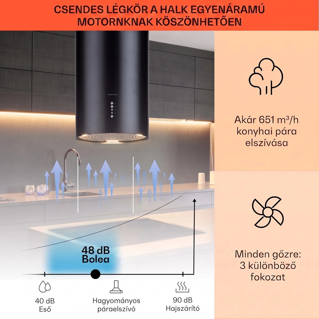 Klarstein Bolea, sziget páraelszívó, Ø 90 cm, recirkulációs/elszívás üzemmód, 651 m³/ó, LED, aktívszén szűrőkkel