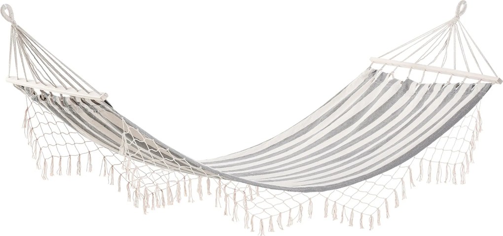 Outsunny Kerti Függőágy 200x100 cm Fából készült Rúddal, 120 kg Teherbírás, Teraszra, Erkélyre, Kempingezéshez, Szürke és Krémszínű | Aosom