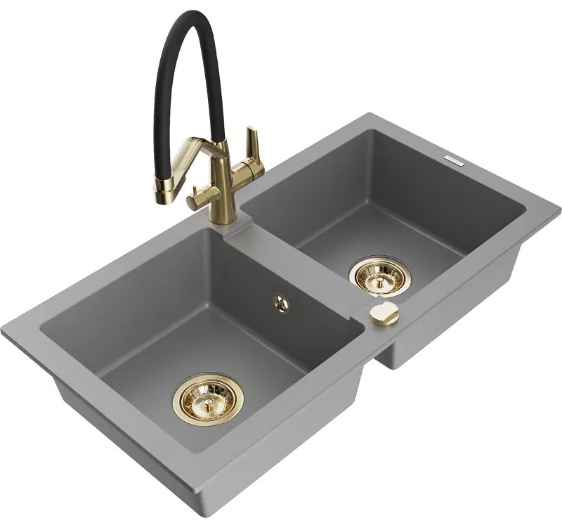 Mexen Mario gránit mosogató 2 rekeszes, Duo konyhai csapteleppel, szürke - 6504-71-671701-57-G