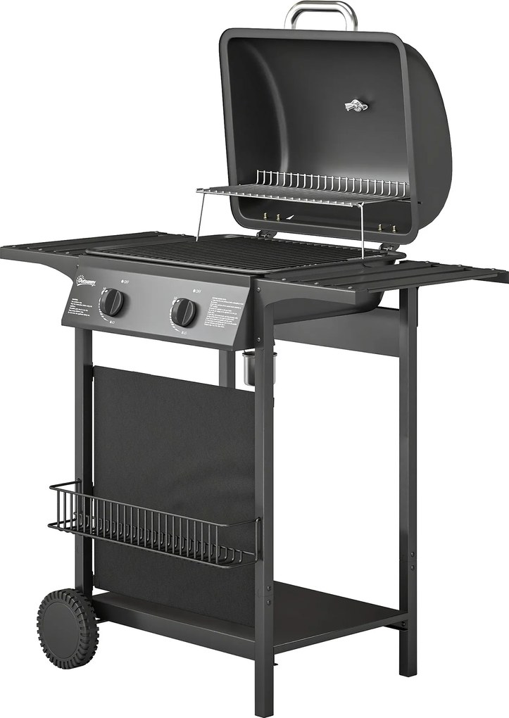 Outsunny 5 kW kétégős gázgrill-kocsi, rozsdamentes acél — oldallap, alsó polc, elülső takaró, hőmérő, zománcozott rostély, melegen tartó rács, csepegt