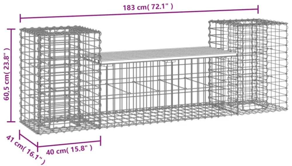 tömör impregnált fenyőfa gabion kerti pad 183x41x60,5 cm