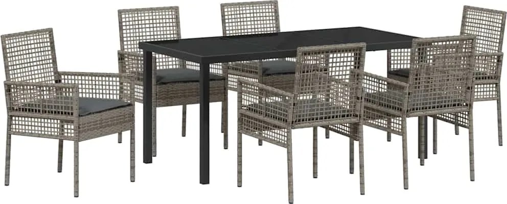 vidaXL Kert étkező szett párnával 7 pcs Szürke polirattan
