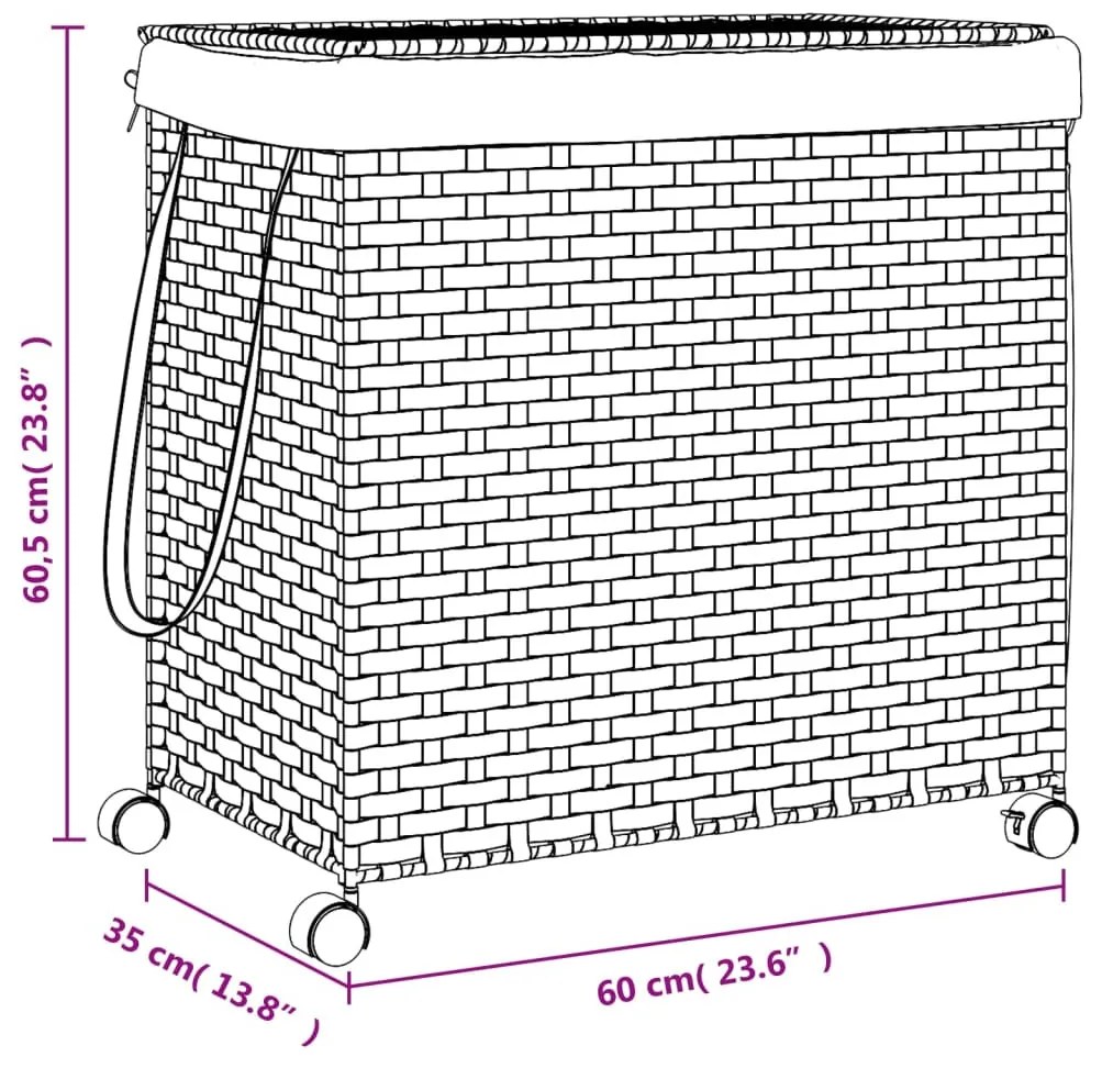 szürke rattan szennyeskosár kerekekkel 60x35x60,5 cm