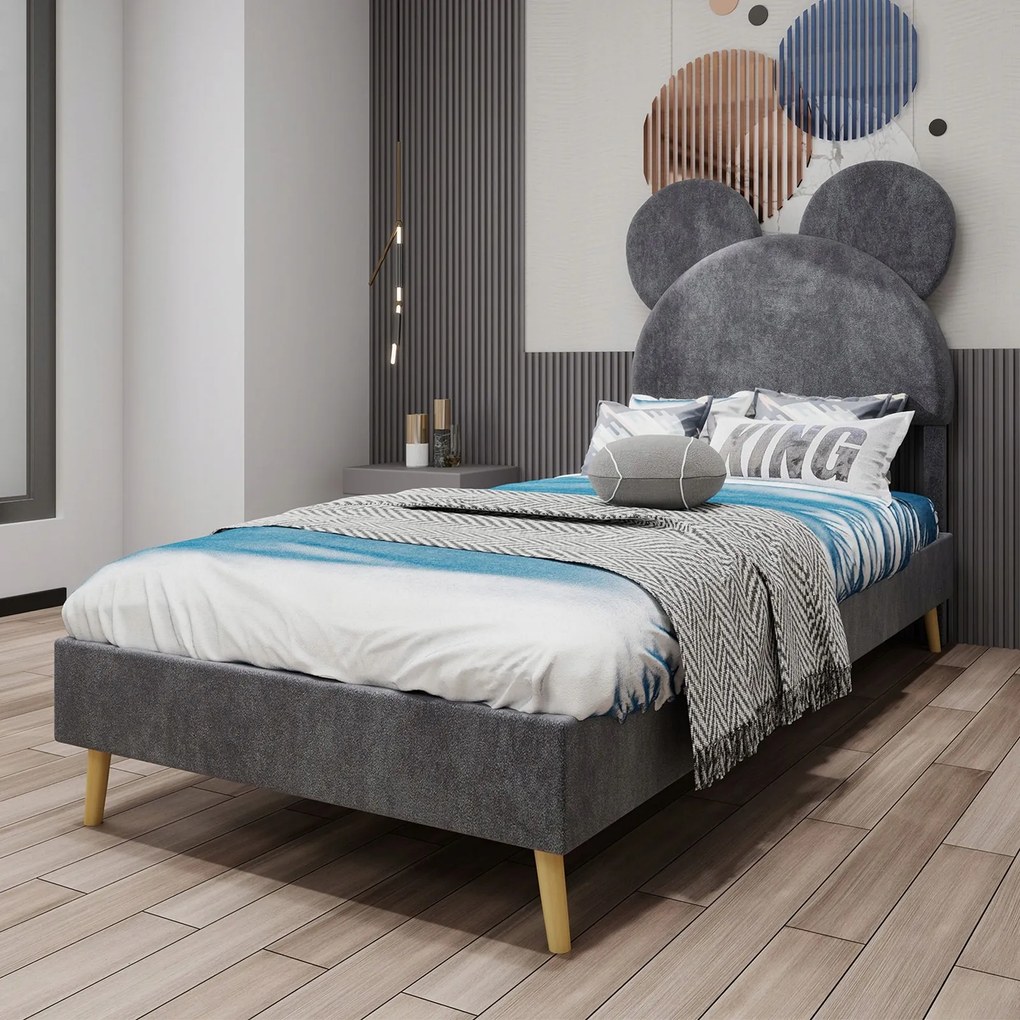 Kárpitozott ágy egyszemélyes gyerekágy 90x200cm szürke