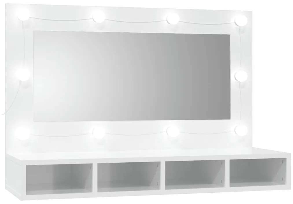 magasfényű fehér tükrös szekrény LED-ekkel 90 x 31,5 x 62 cm