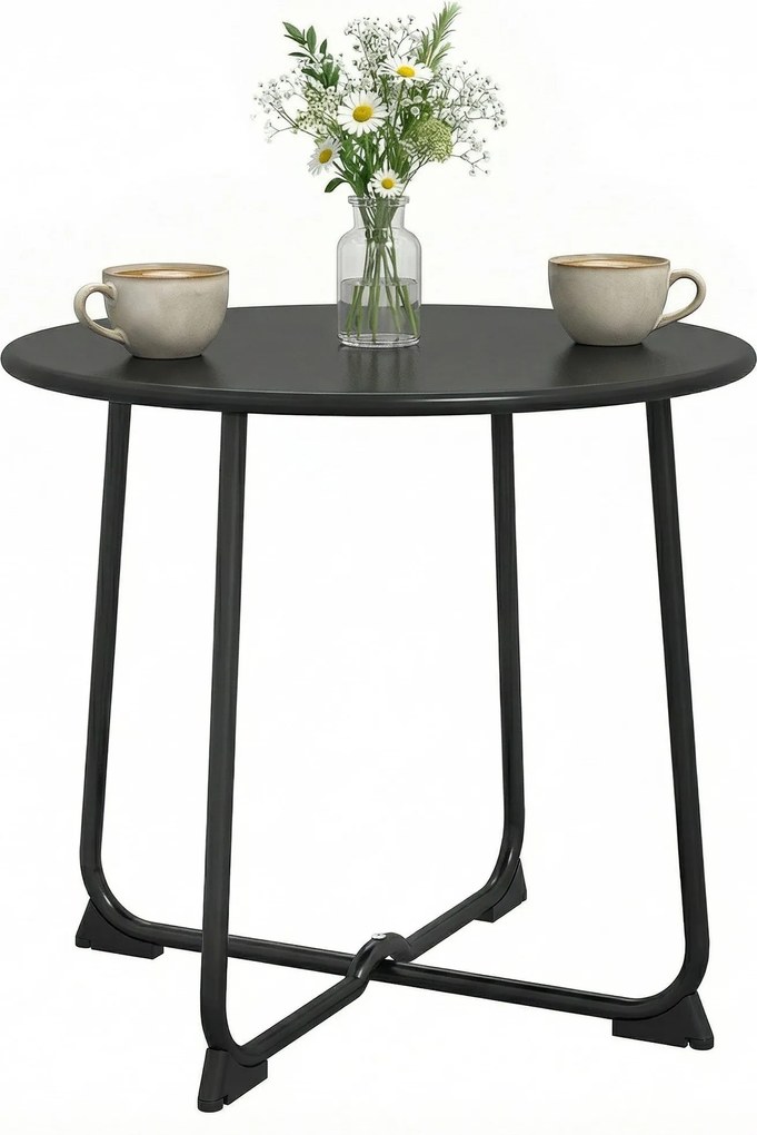 Outsunny 50 cm kerek kerti oldalasztal, fém kültéri asztal X-alappal és csúszásgátló talpakkal, fekete | Aosom