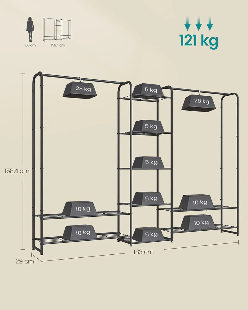 Ruhatartó állvány rúddal és polcokkal, fém kabáttartó, matt fekete
