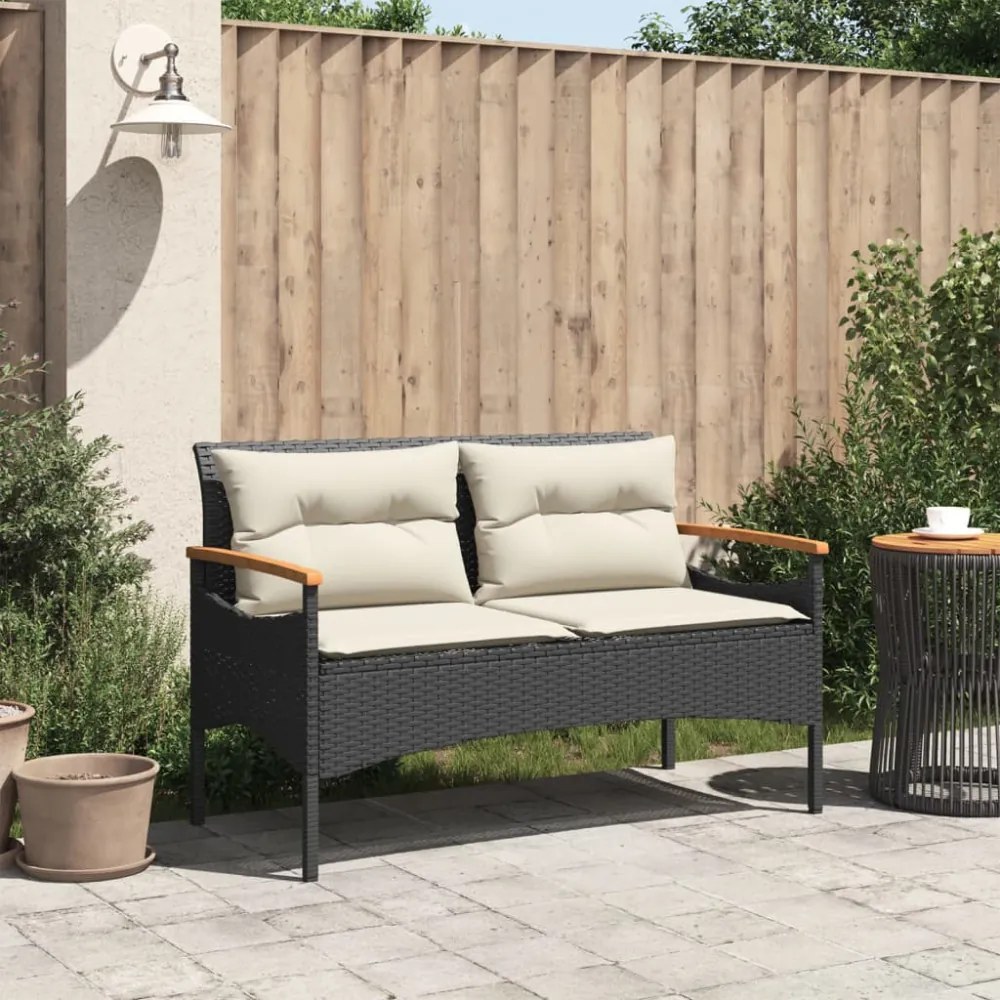 fekete polyrattan kerti pad párnával 116 x 62,5 x 74