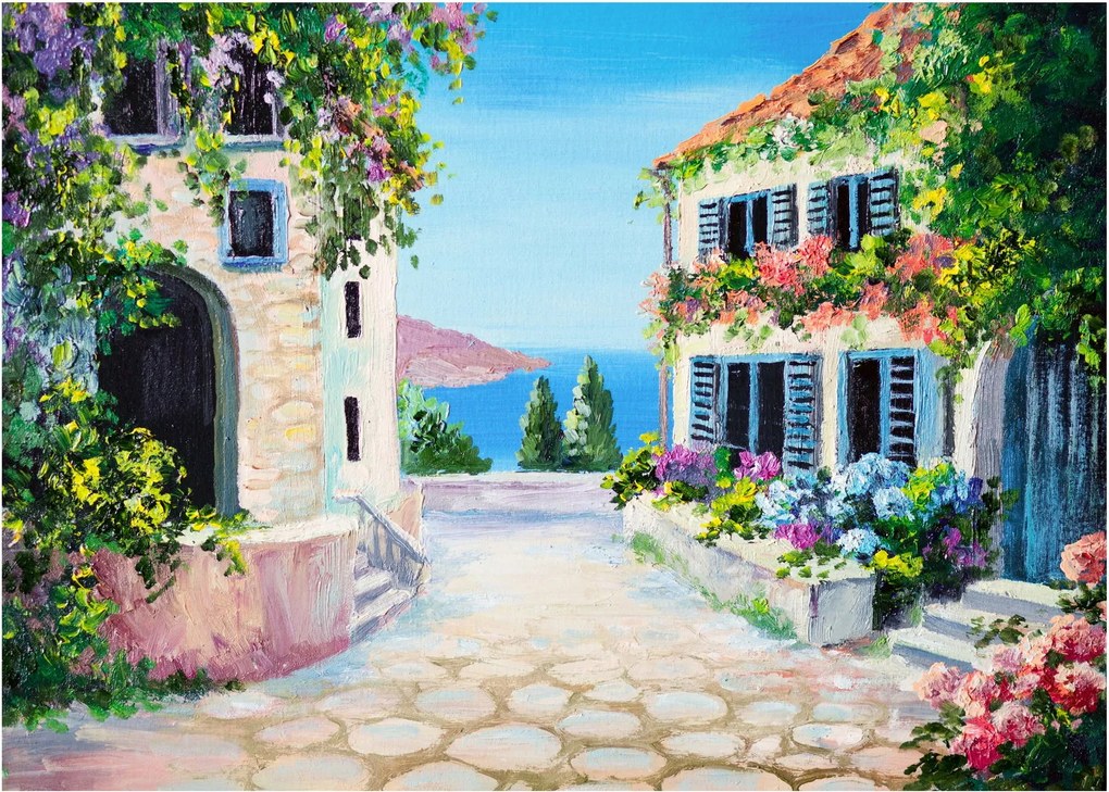 Kép - görög utca, olajfestmény (üvegen) (70x50 cm)