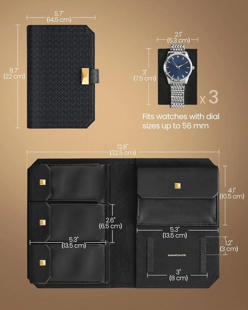 3 órás tok, utazó óratartó doboz 22×14,5×4,5 cm, tintafekete színben