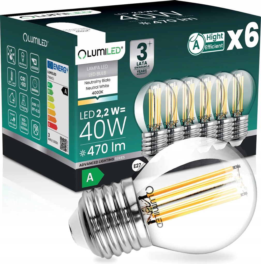 6x Led Izzó E27 Filament A Osztály 2,2W 470LM 40W 4000K 360° Golyó