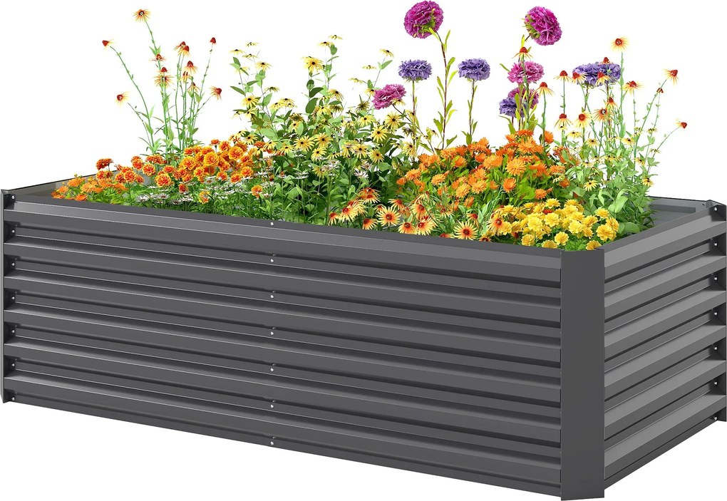 Outsunny horganyzott acél emelt ágyás 180×90×57,5 cm — 57,5 cm mély, merevítőrudakkal és nyitott aljú, időjárásálló fűszer- és zöldségágyás, sötétszür