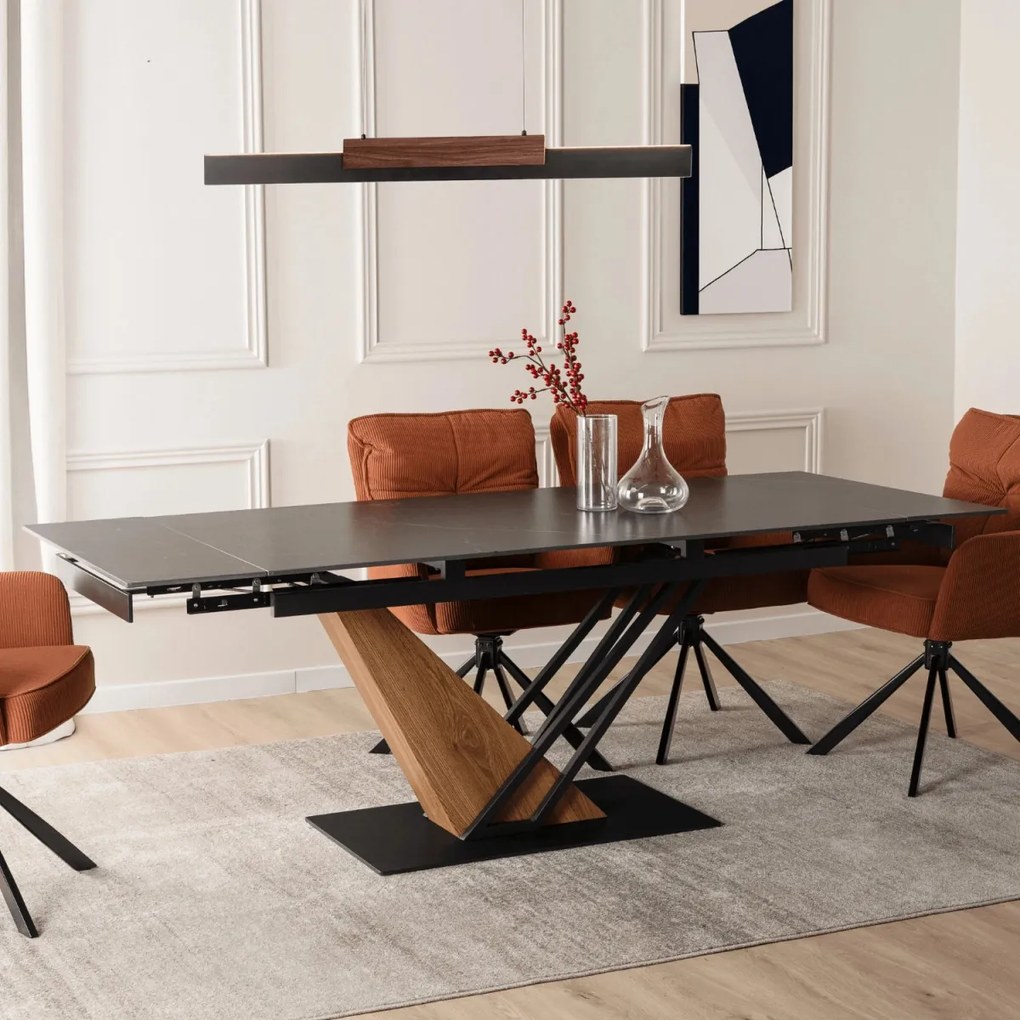 Kihúzható kerámia étkezőasztal 160–220 cm méretben, fekete márvány/dió színben REX