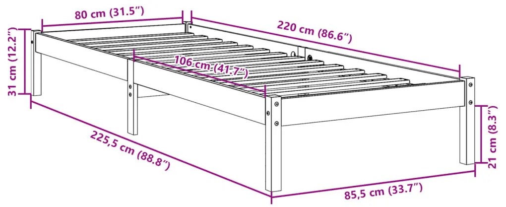 tömör fenyőfa extra hosszú ágykeret matrac nélkül 80 x 220 cm