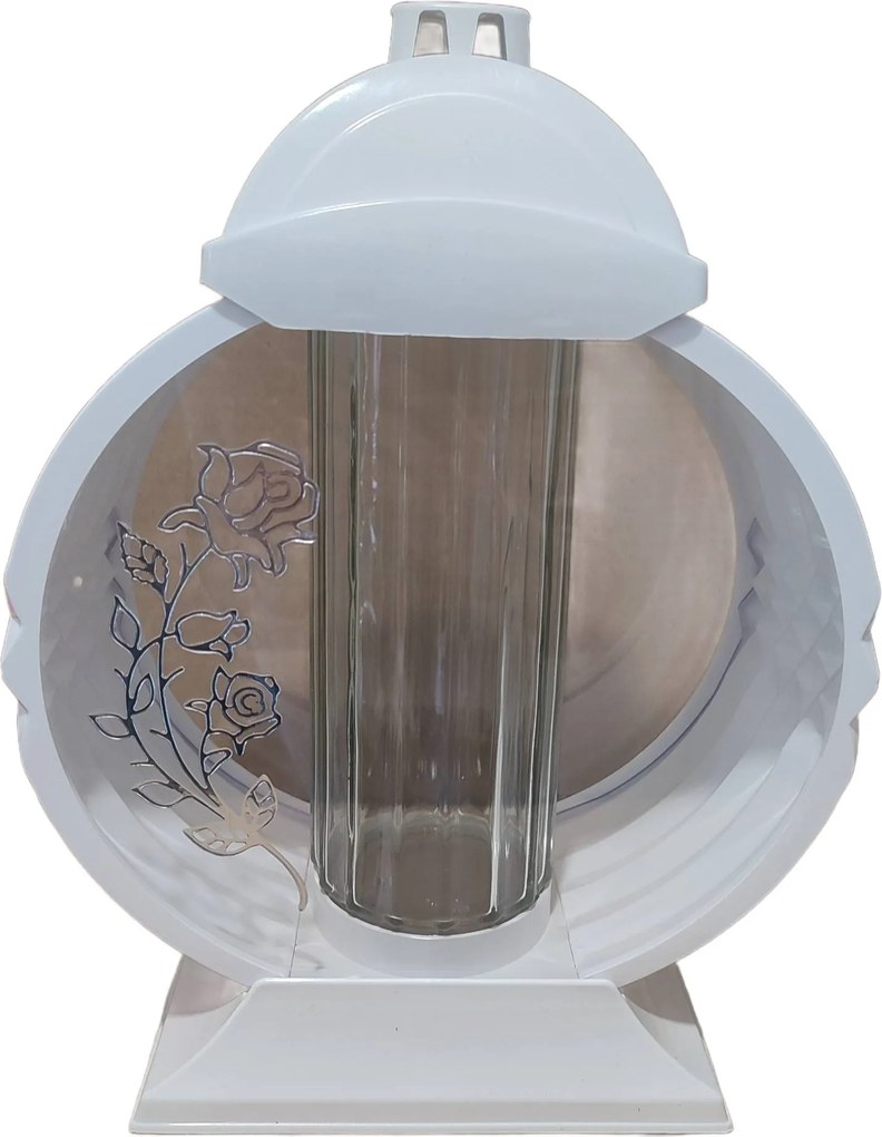 Üveg Mécses Kápolna fehér ovális ezüst rózsával Nagy 32cm