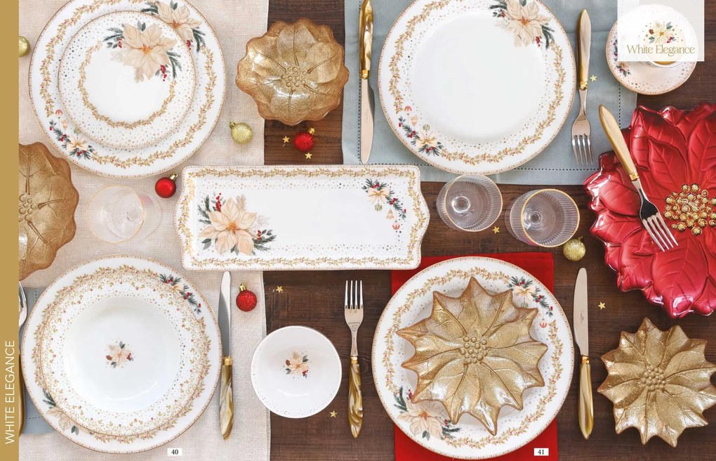 Karácsonyi porcelán mélytányér fehér arany mikulásvirág White Elegance