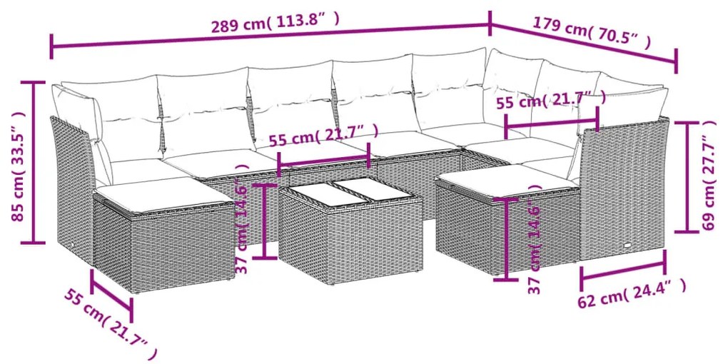 10 részes fekete polyrattan kerti ülőgarnitúra párnákkal