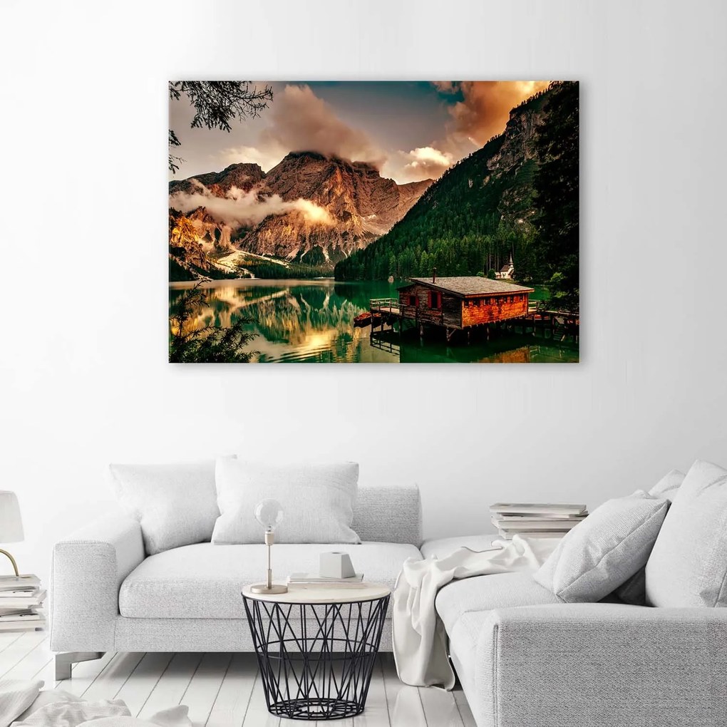 Gario Vászonkép Hegyi tóparti ház Méret: 100 x 70 cm