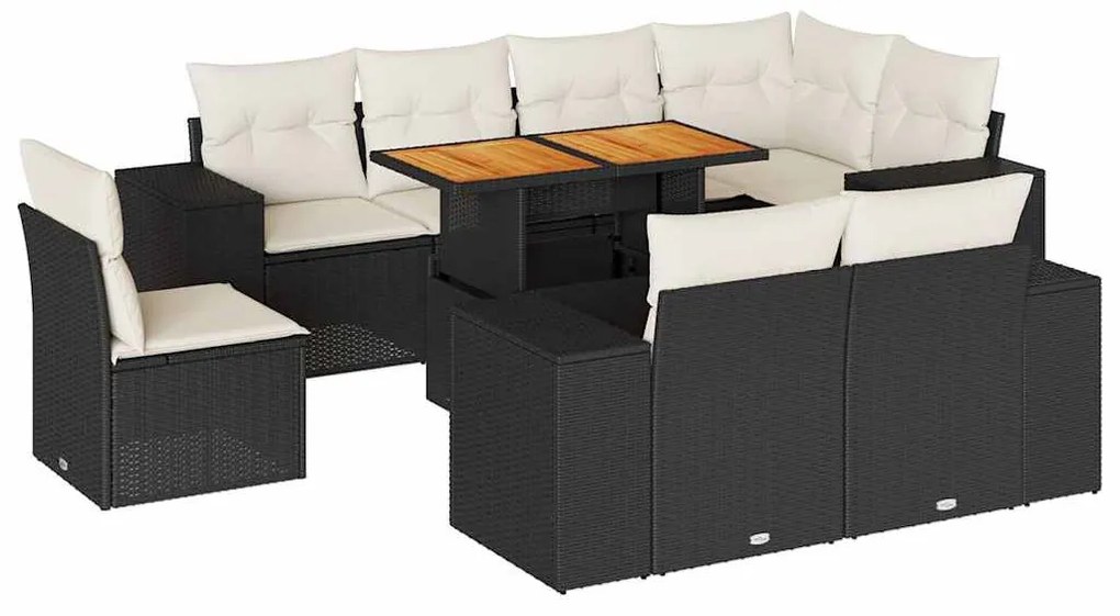 9 részes fekete polyrattan kerti ülőgarnitúra párnákkal