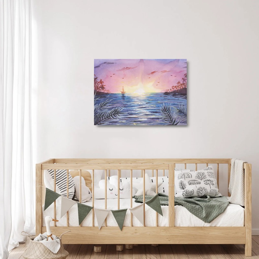 Kép - naplemente a víz felett, akvarell (üvegen) (70x50 cm)