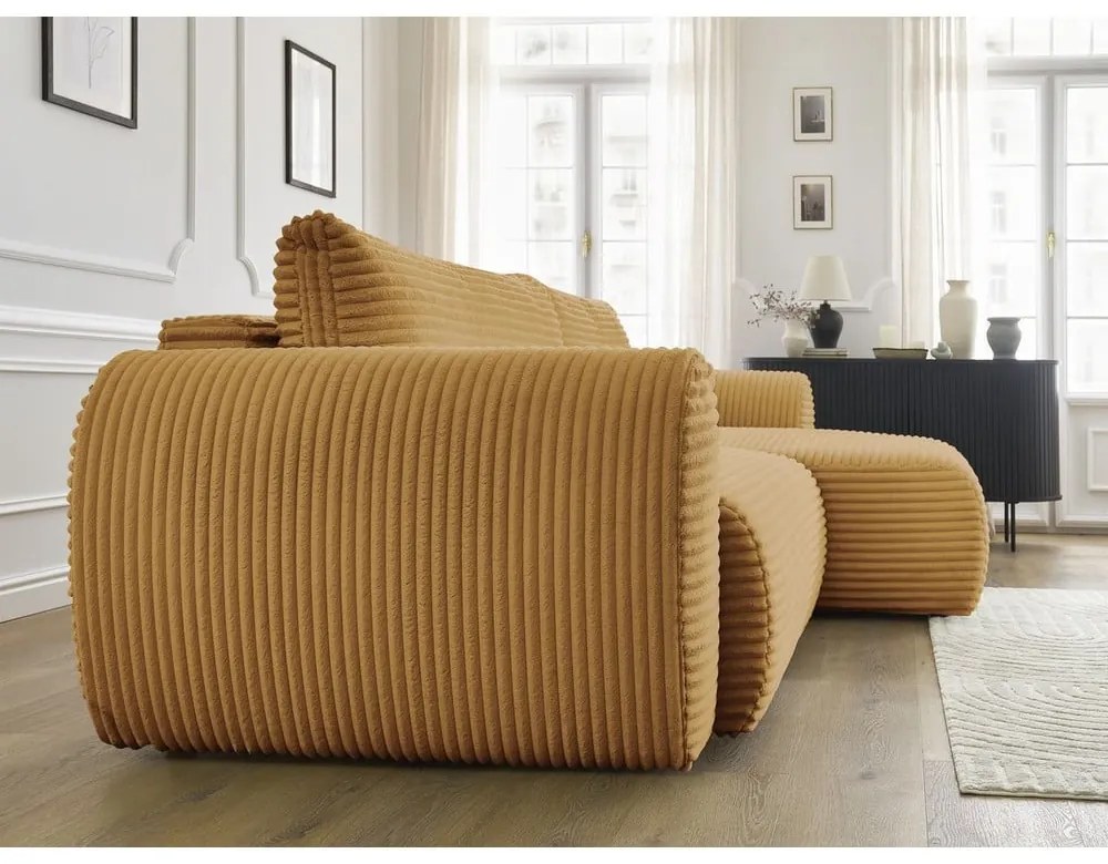 Mustársárga kordbársony kinyitható sarokkanapé (jobb oldali) Lucien – Bobochic Paris