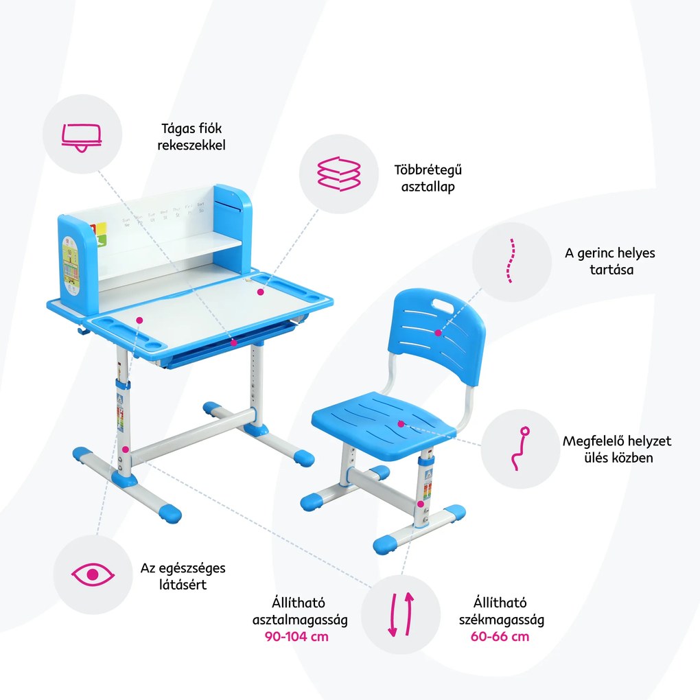Növekvő íróasztal és szék, kék/fehér, szett LERAN