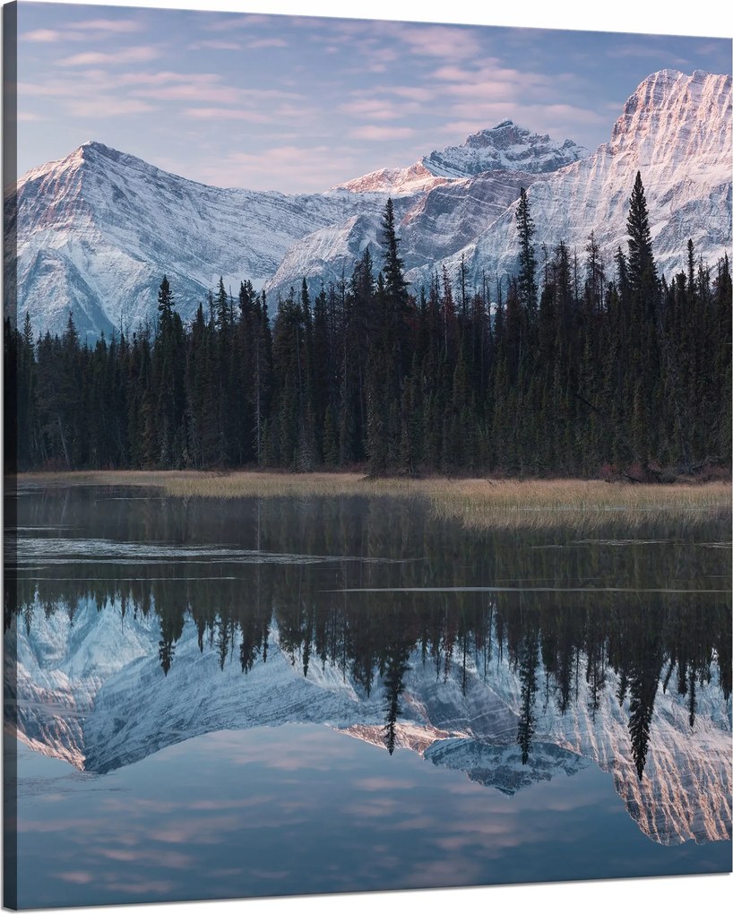 Vászonkép Tópart Víz Erdők Hó hegyek 80x100 cm