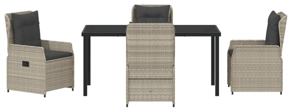5 darabos Kerti Étkezőszett Világosszürke Poli Rattan, Kerti Asztal Fekete 160x80x73 cm Edzett Üveg