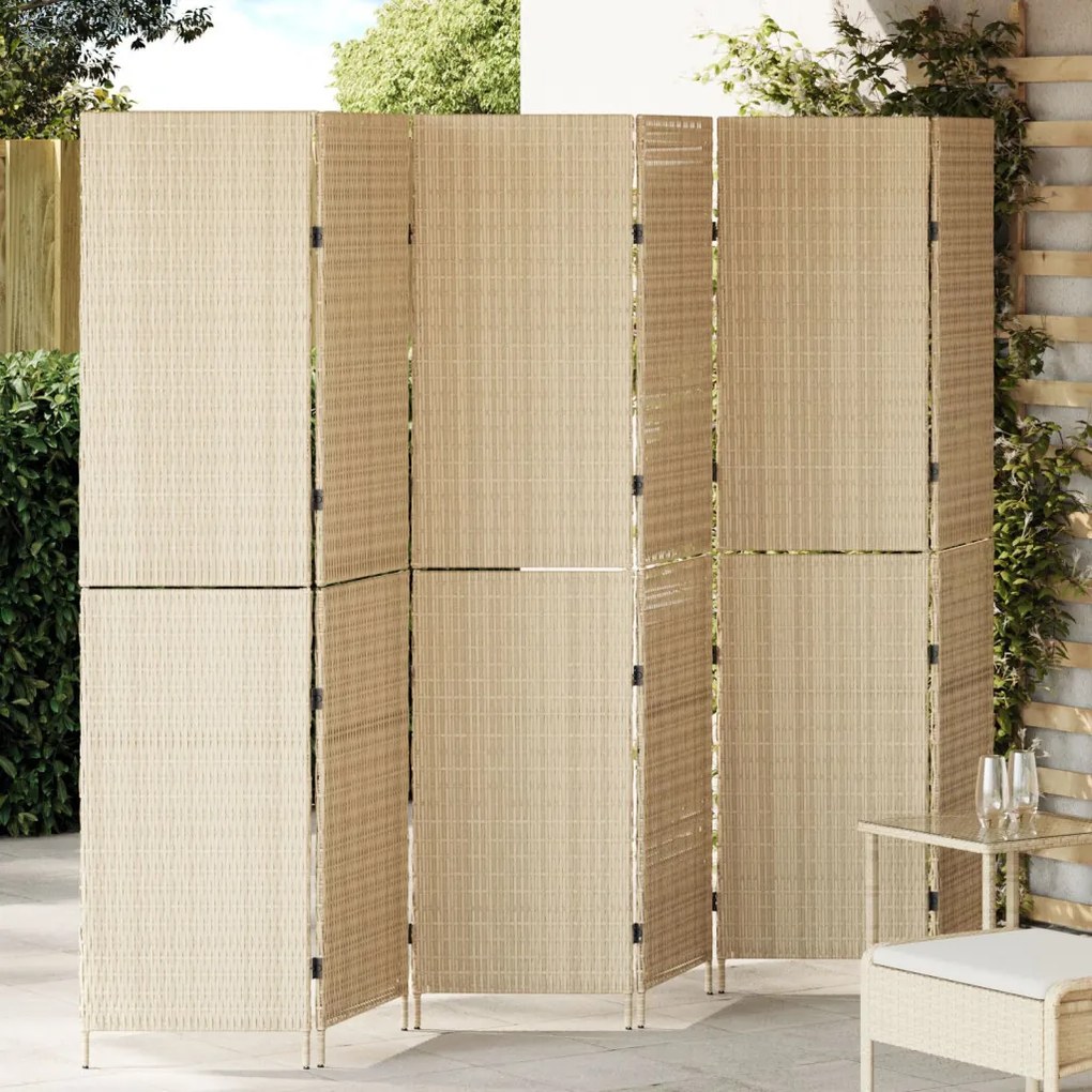 6 paneles térelválasztó, hajtható, bézs, 294x180 cm, poly rattan