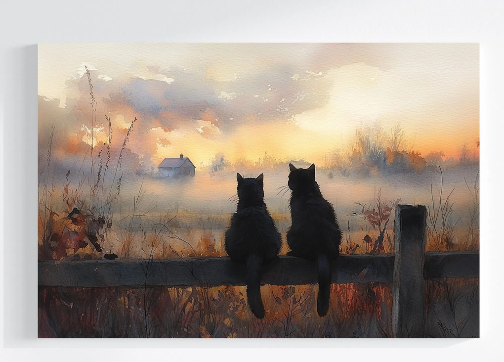 Vászonkép Canvas Őszi Falu Rét Köd Fekete Macskák Barátság 60x40