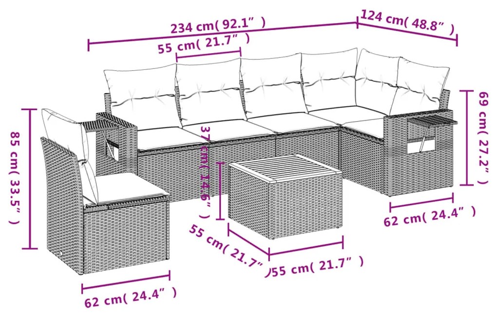 7 részes bézs polyrattan kerti ülőgarnitúra párnákkal