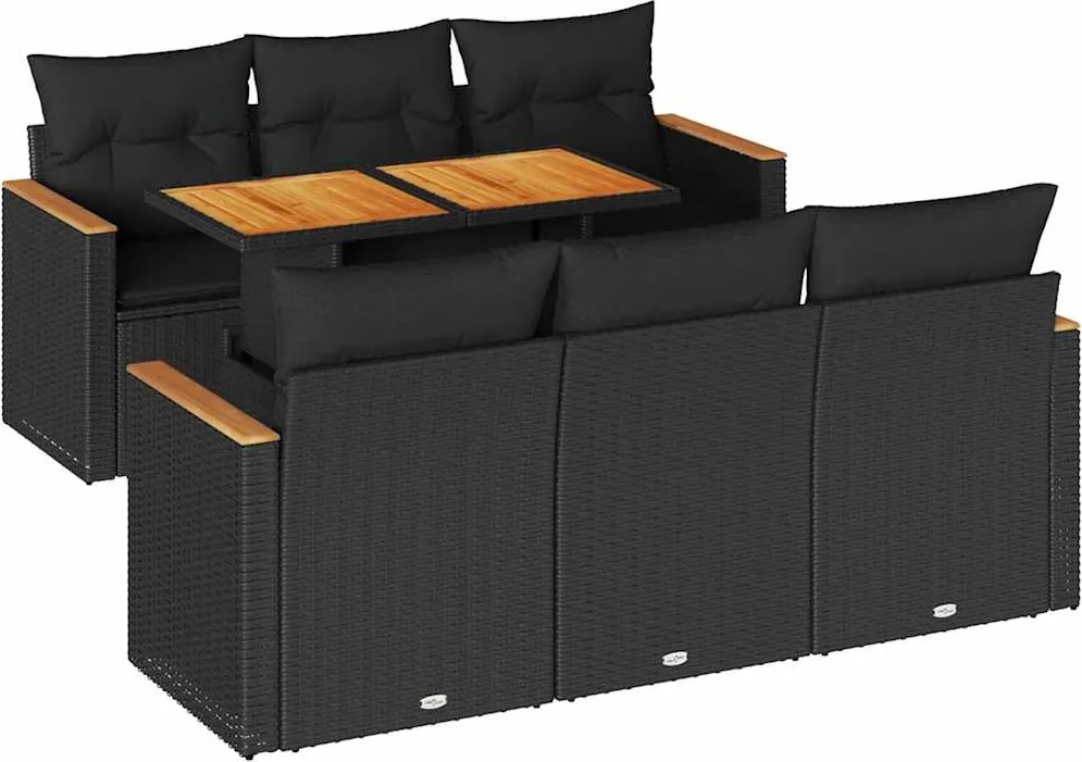 vidaXL 7 részes fekete polyrattan akácfa kerti ülőgarnitúra párnával