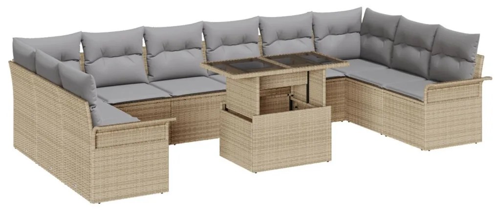 11 Darabos Kert Sofa Készlet Párnákkal Bézs Poli Rattan, 2 Személyes Kert Sofa Tárolóval és Párnákkal Bézs Poli Rattan