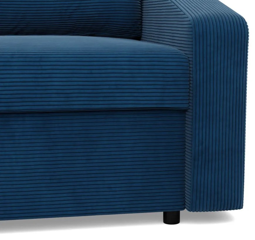 Zeus sarokkanapé, 1 ágyneműtartóval, döntött kartámasz, kordbársony, univerzális oldal, hab töltet, kék