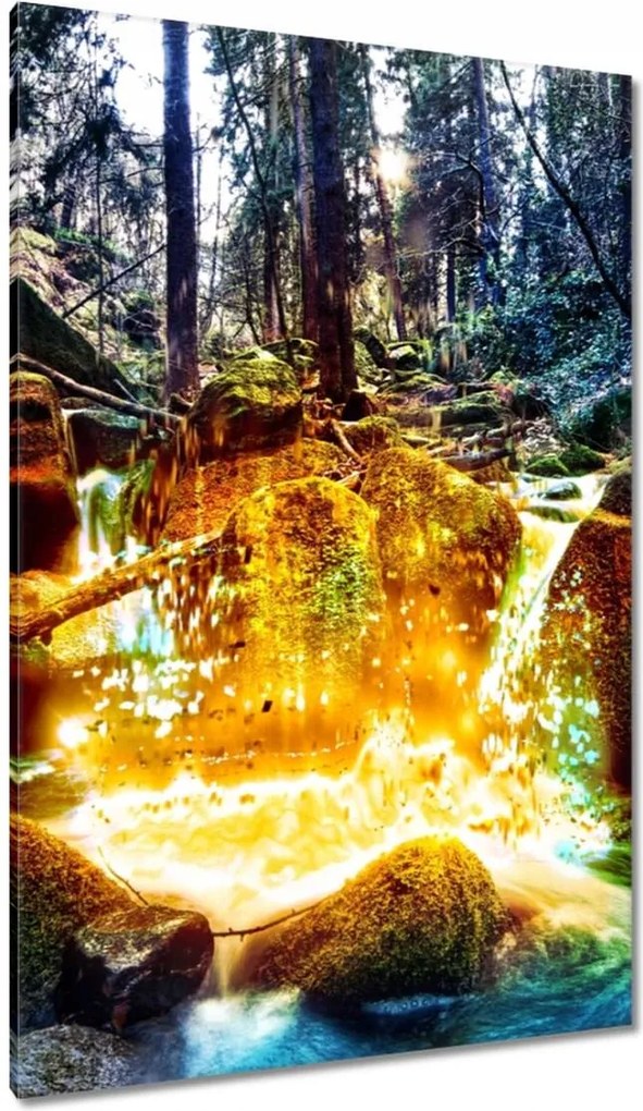 Vászonkép 80x120 Hegyi patak a sziklák és a növény közöttlin Vízesés Tájkép