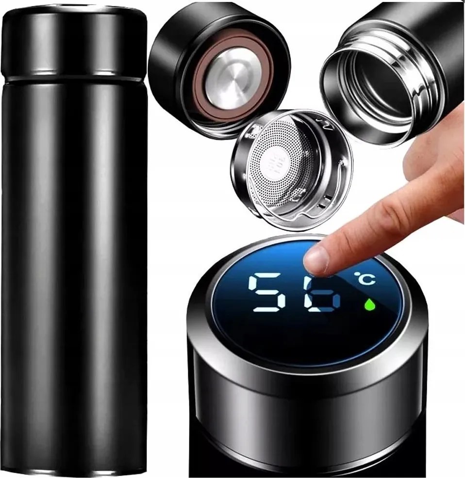 Bögre termosz Smart Led palack Kulacs 500ml Fekete 12h hőmérsékleten tart