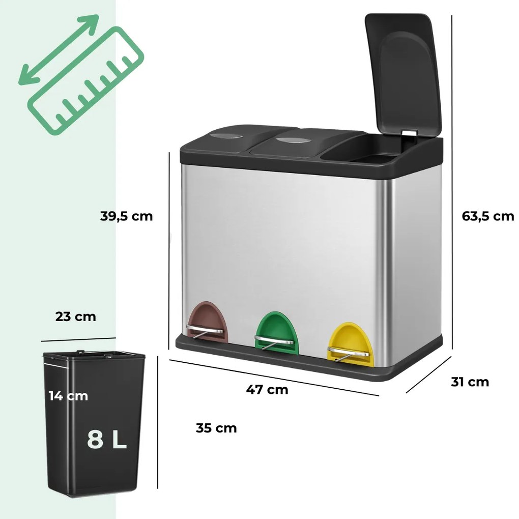 Jurhan SORT szelektív hulladékgyűjtő, 24l (3x8l), acél