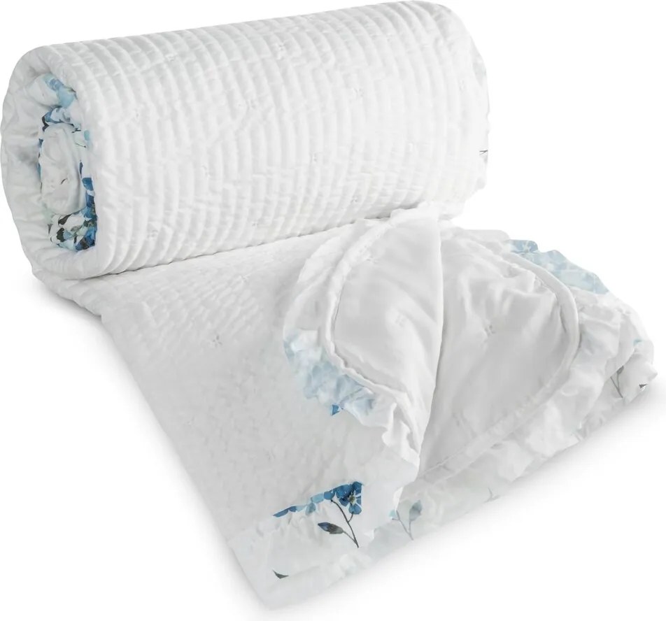 Dekoratív ágytakaró Noa 170x210 fehér kék fodros szélű virágos