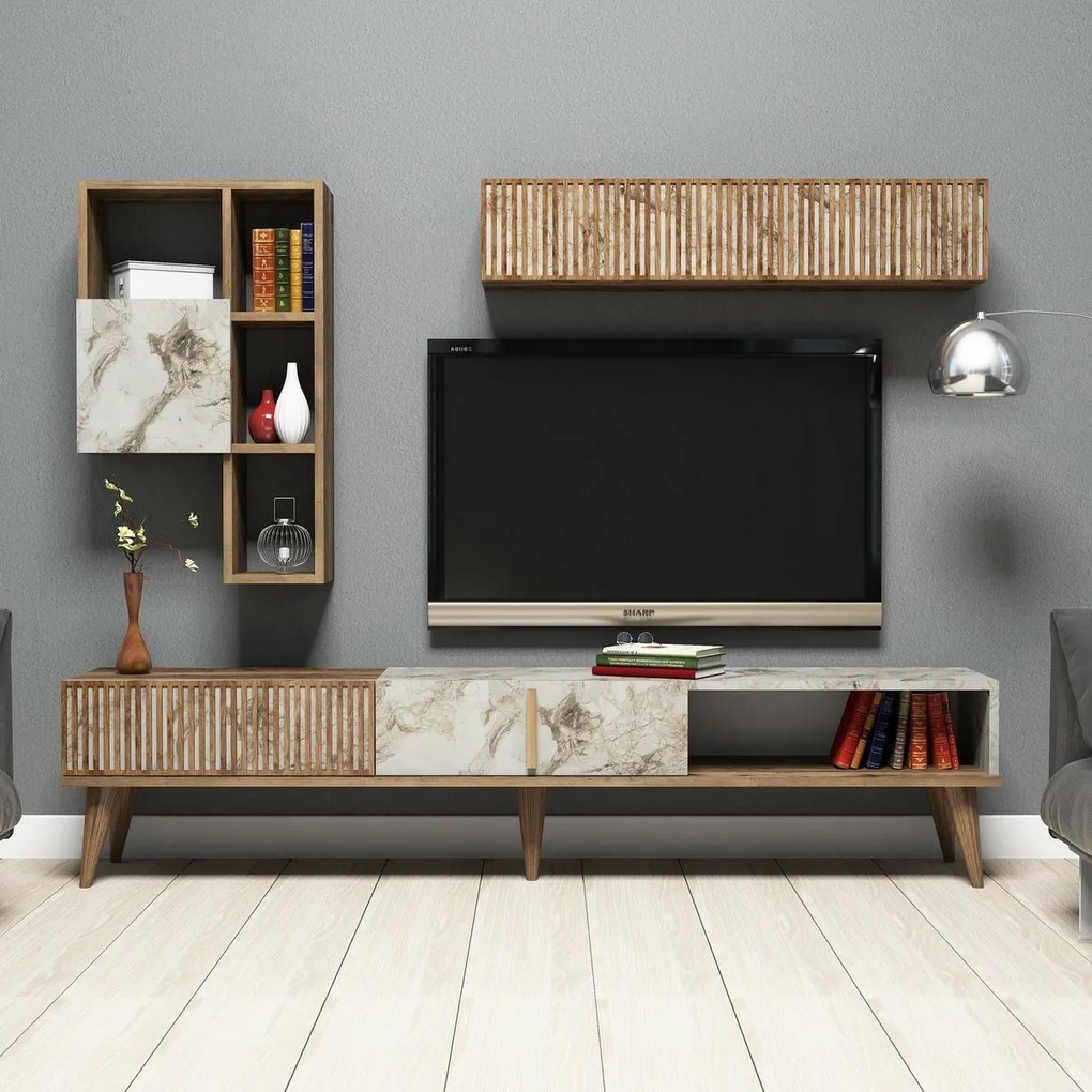 Milan Walnut and White Marble TV fal
