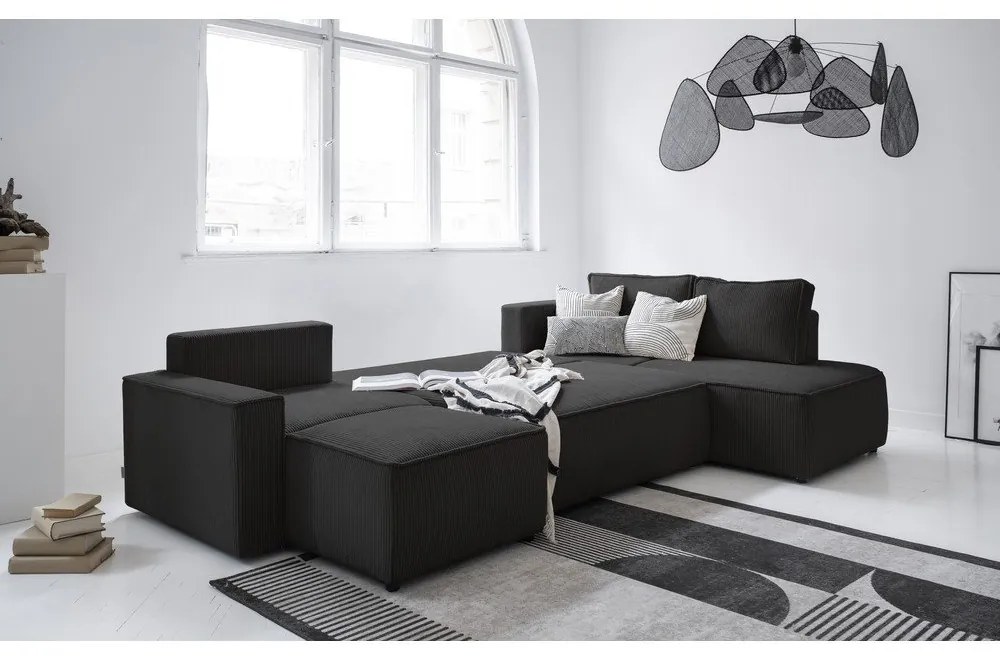 Antracitszürke kordbársony kinyitható sarokkanapé (jobb oldali-U alakú) Brave Dave – Miuform
