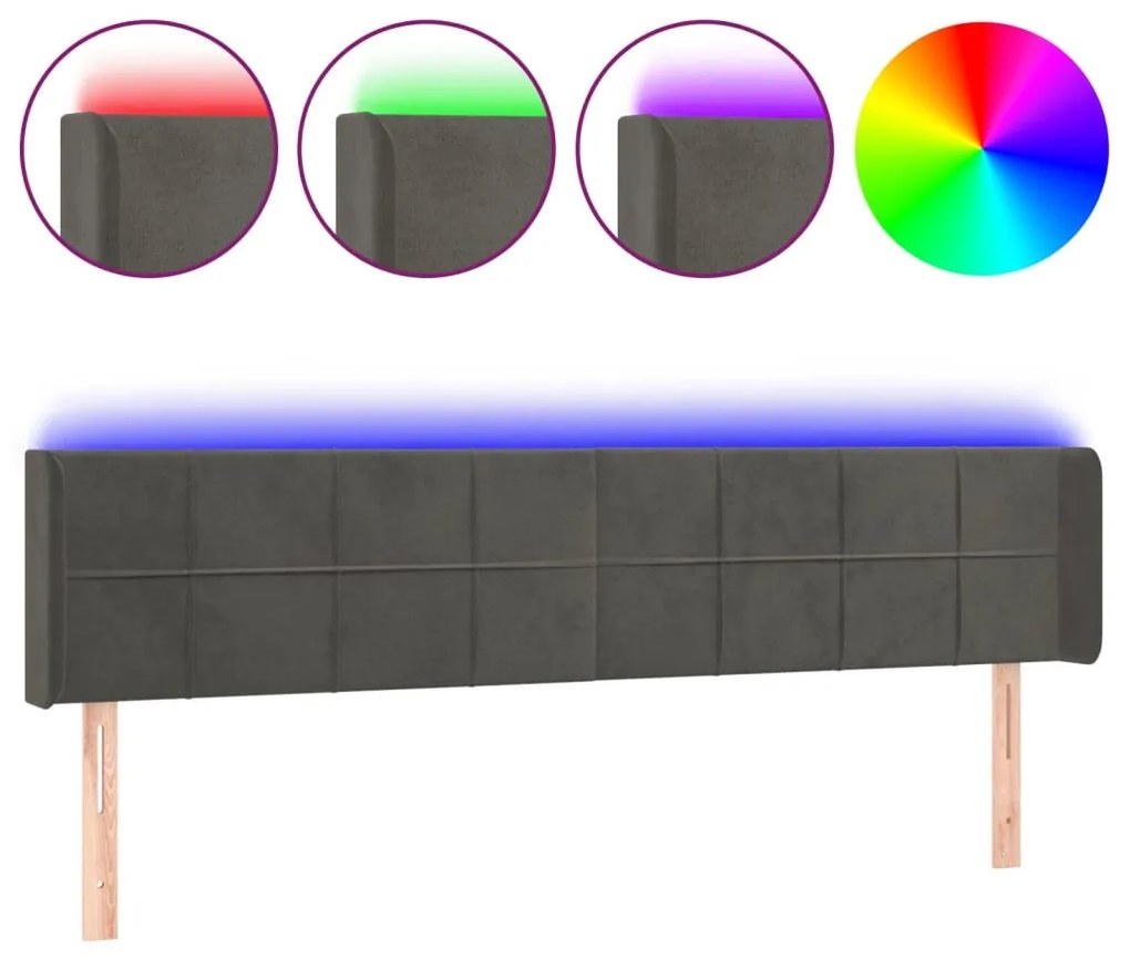 sötétszürke bársony LED-es fejtámla 183 x 16 x 78/88 cm