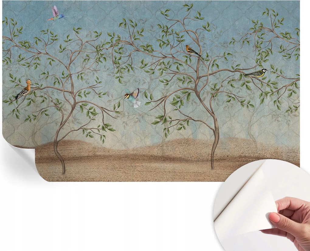 Divatos öntapadós fali tapéta Madarak a fákon 416x254 cm