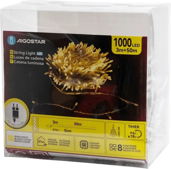 Aigostar - LED kültéri karácsonyi fényfüzér 1000xLED/6W/230V 50m IP44 meleg fehér