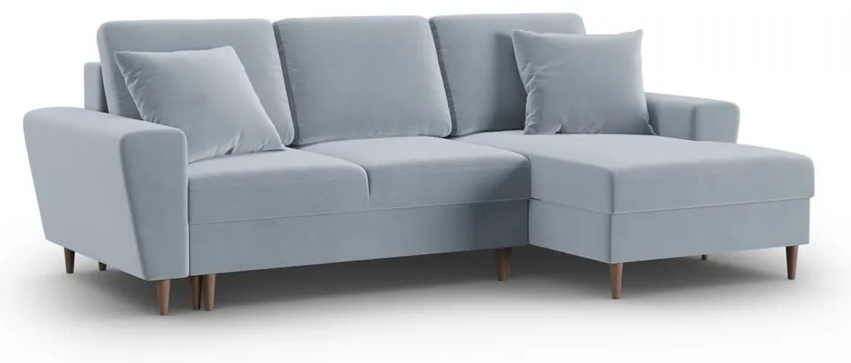 Világoskék bársony kinyitható tárolóhelyes sarokkanapé (jobb oldali-heverő résszel) Kyoto – Cosmopolitan Design
