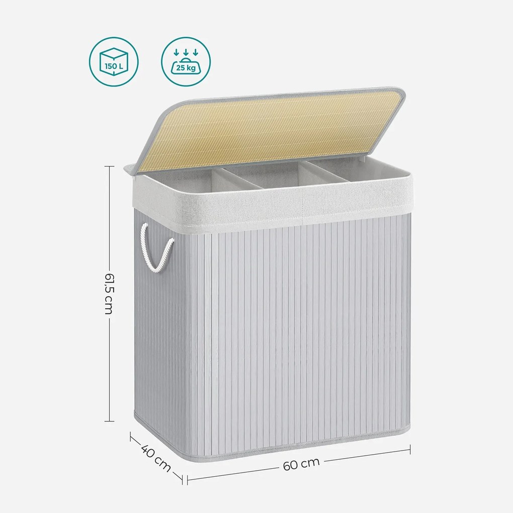 Bambusz kosár szennyestartó 3 rekeszes 3x50L, szürke
